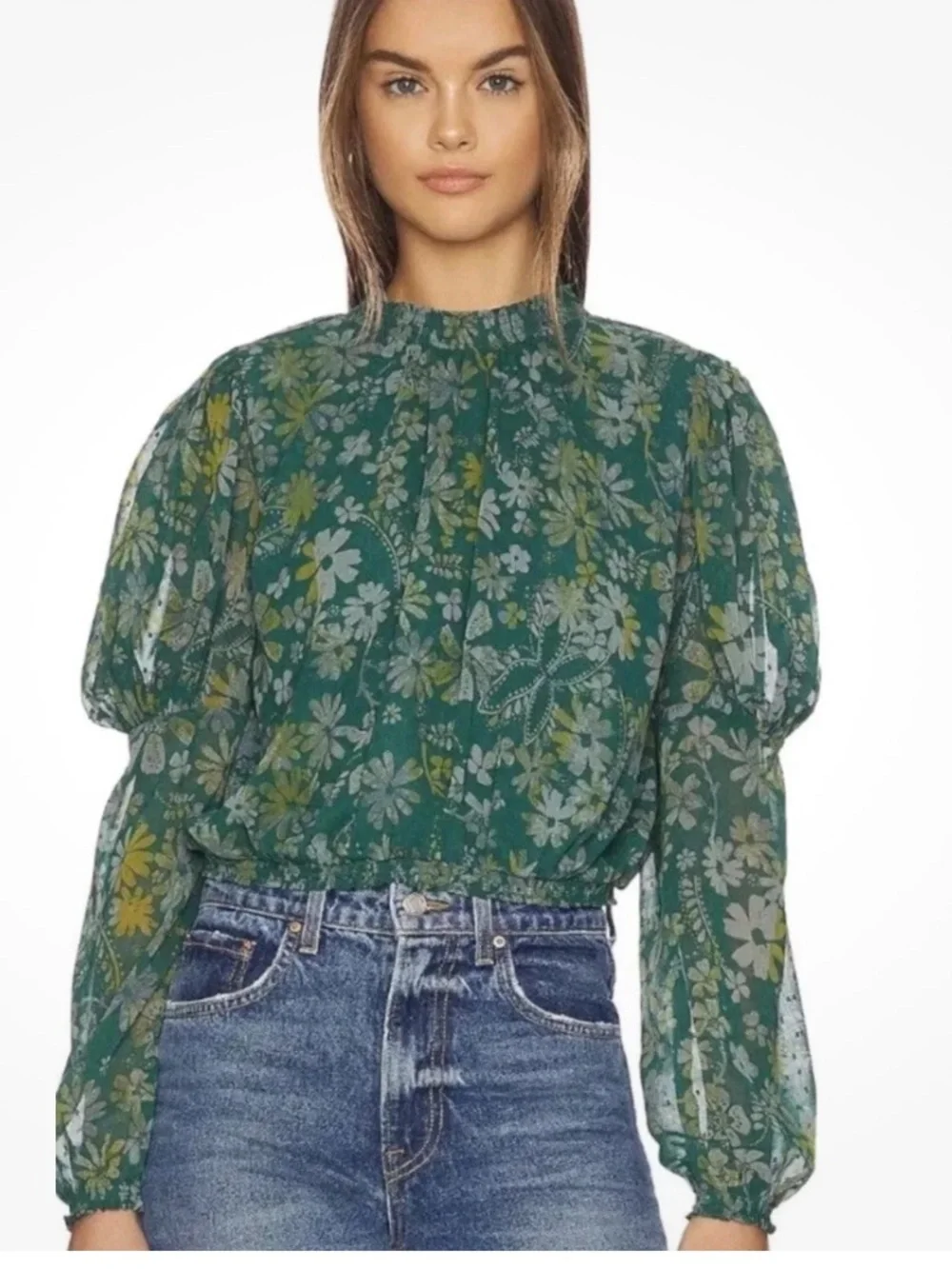 Free People Clarissa Green Sea Floral Puff-Sleeve Blouse